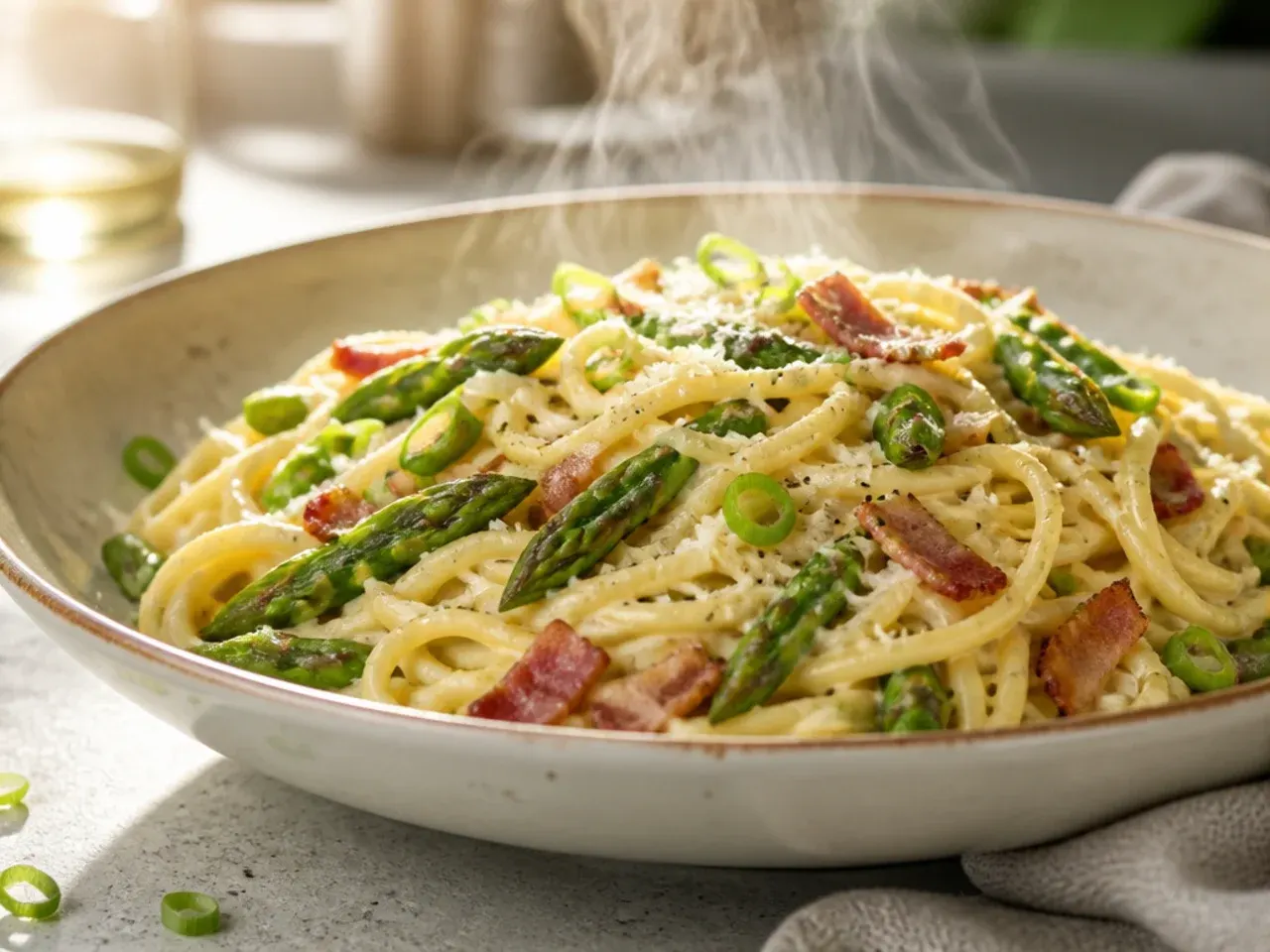 Glossy asparagus carbonara with crispy pancetta and egg sauce