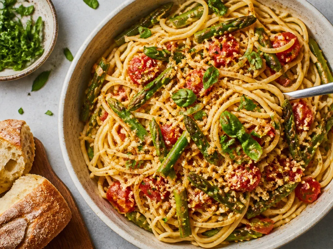 One-pot asparagus pasta in a tangy tomato sauce