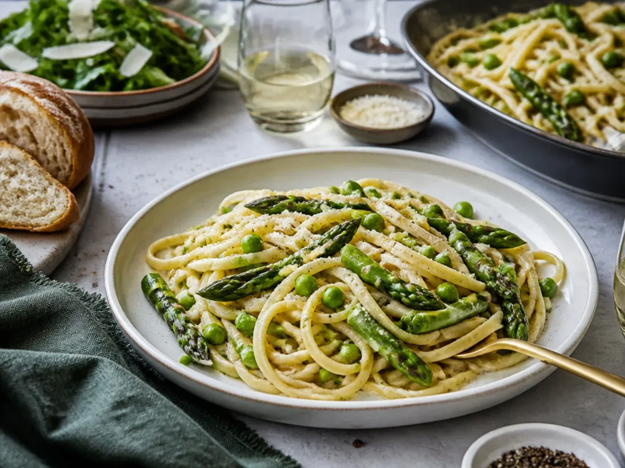Asparagus pasta served with garlic bread and a glass of white wine