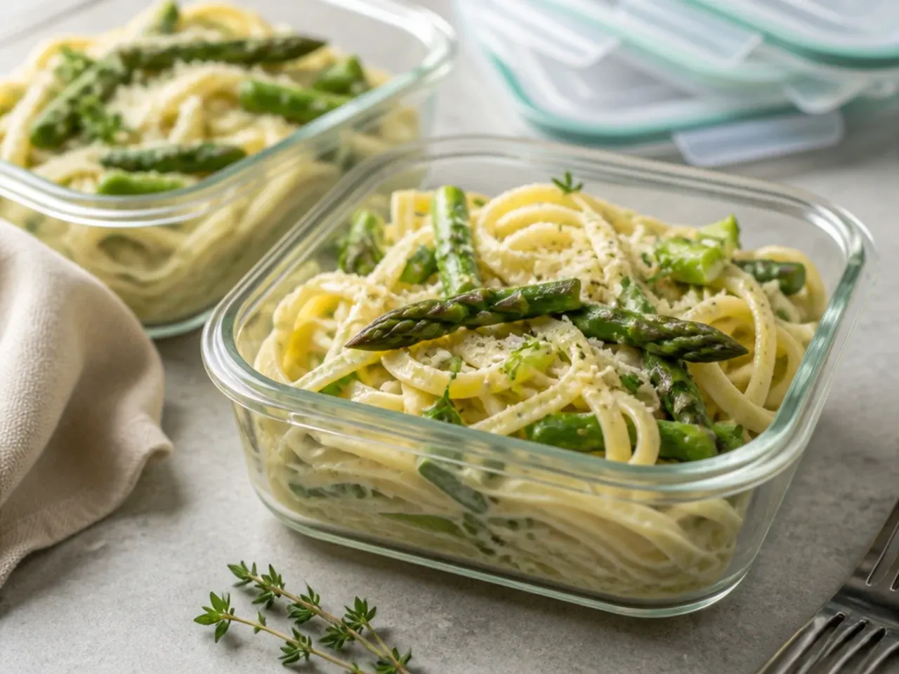 Leftover asparagus pasta being reheated gently in a skillet