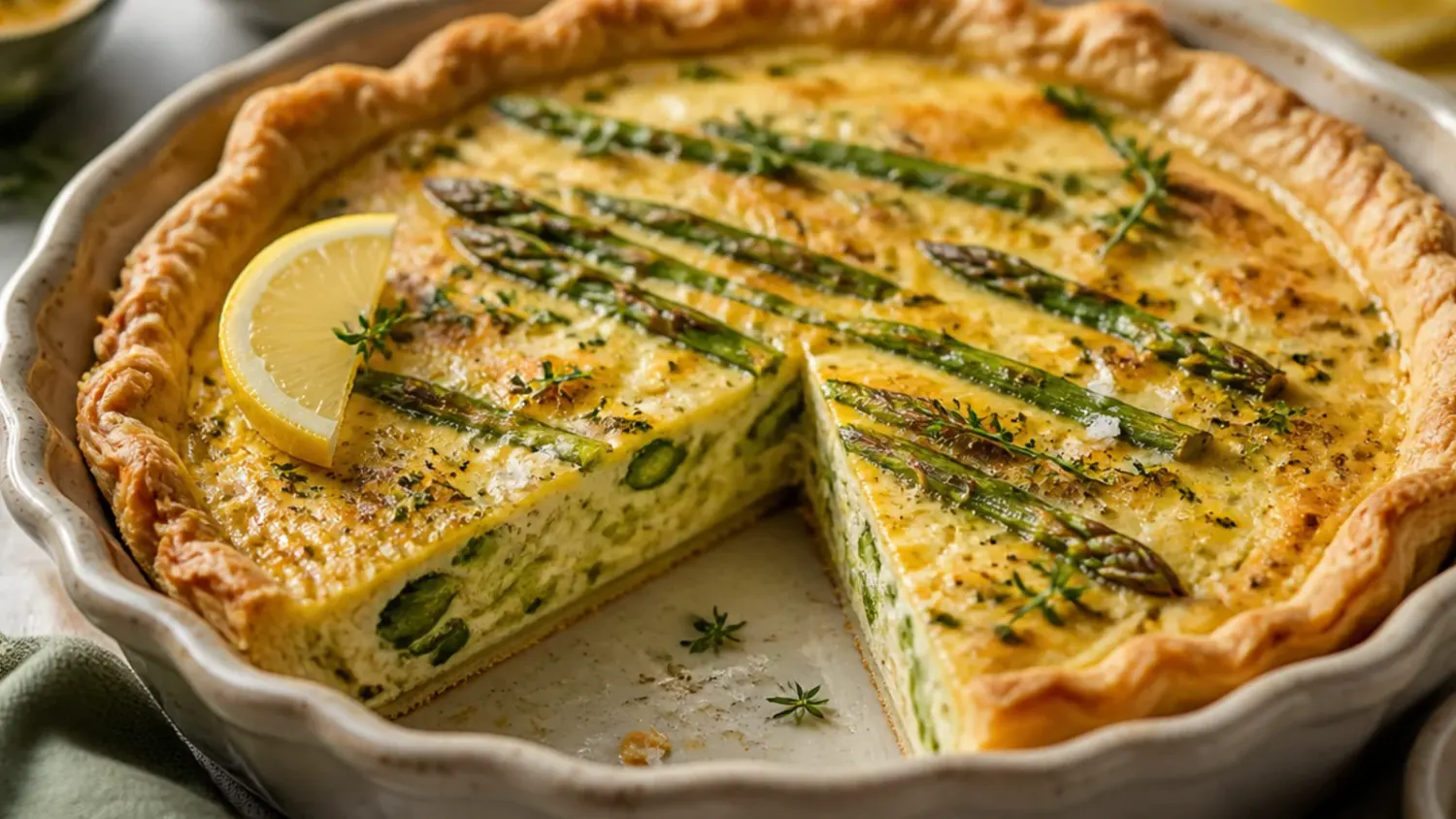 Sliced asparagus and Gruyère quiche in a golden flaky crust on a wooden board, with whole asparagus tips arranged across the top