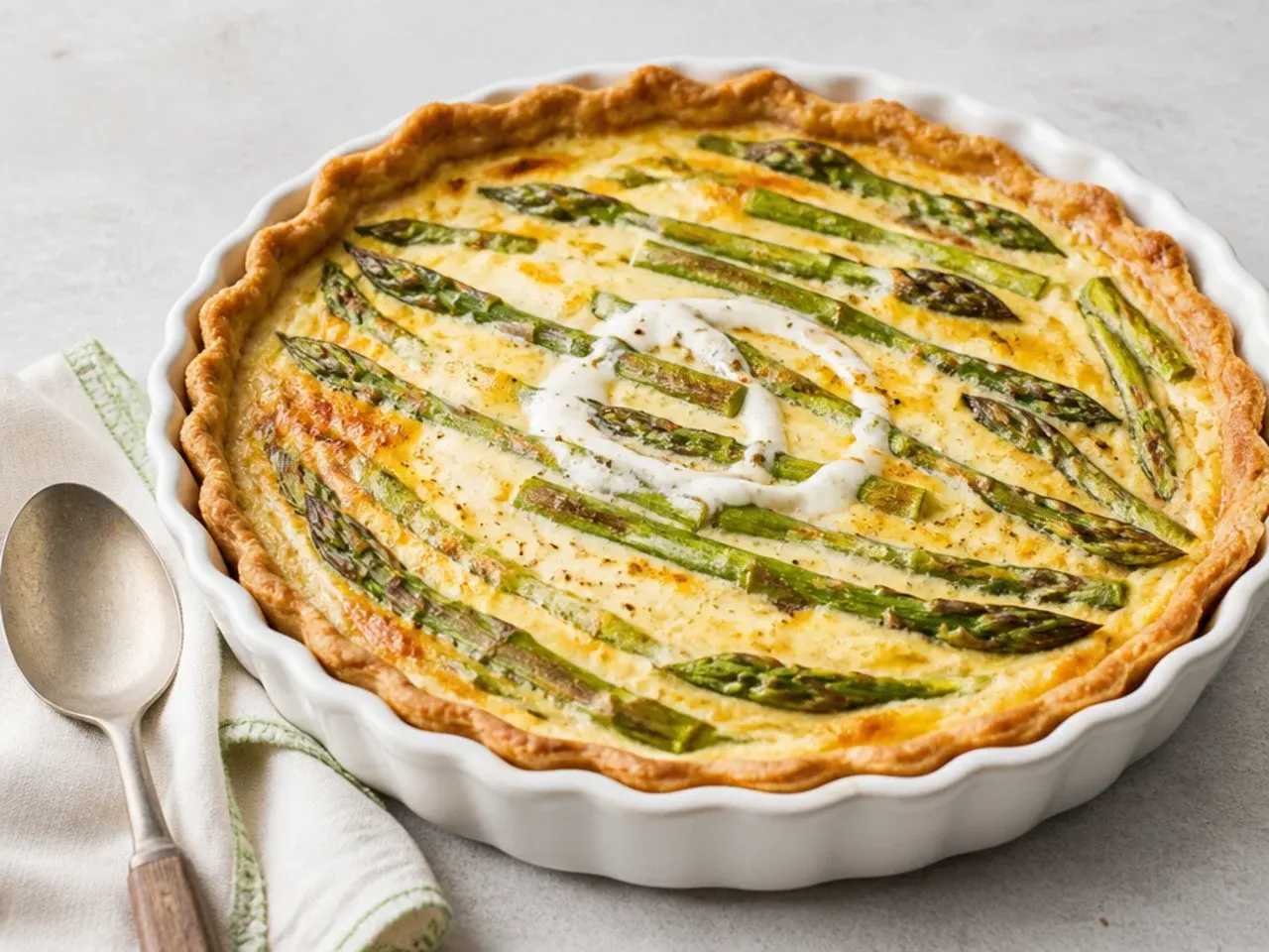 Homemade asparagus and Gruyère quiche in a flaky butter pastry case, sliced to show the golden custard