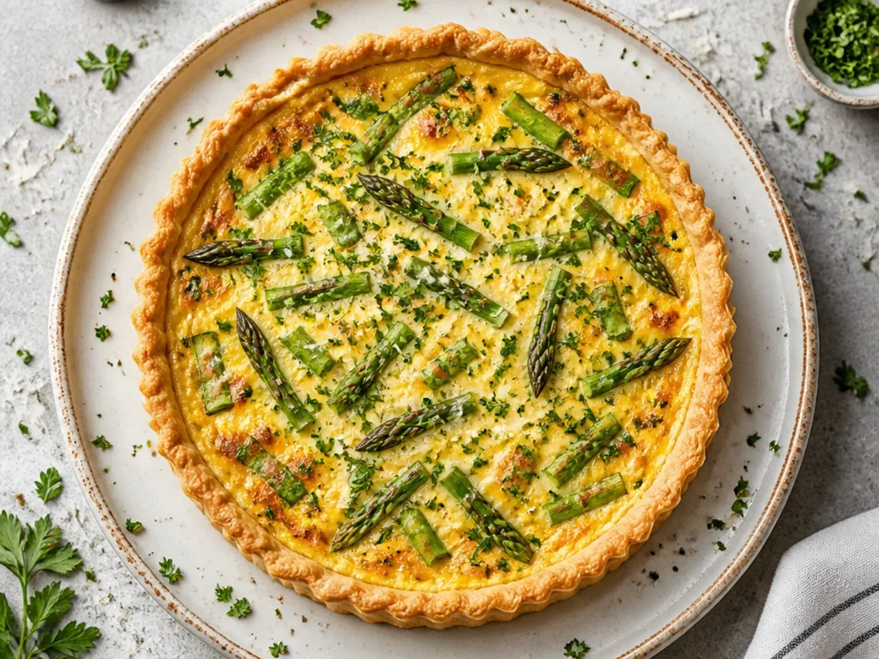 Quick asparagus quiche in a store-bought pie crust with cheddar cheese and raw asparagus spears before baking