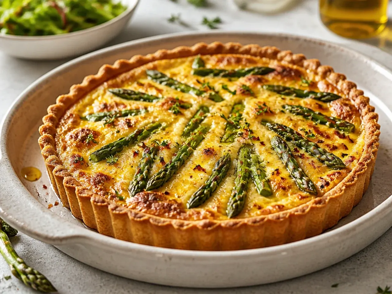 Side-by-side ingredients for homemade and store-bought asparagus quiche laid out with a receipt