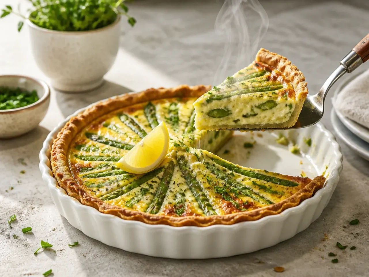 Kitchen timer next to a partially assembled asparagus quiche showing the quicker prep stage