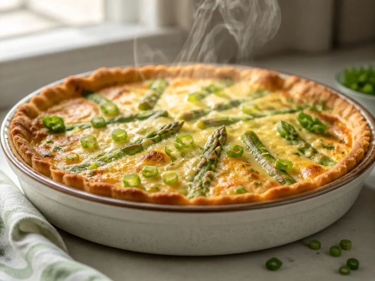 Two finished asparagus quiches side by side, one with a flaky homemade crust and one with a store-bought crust