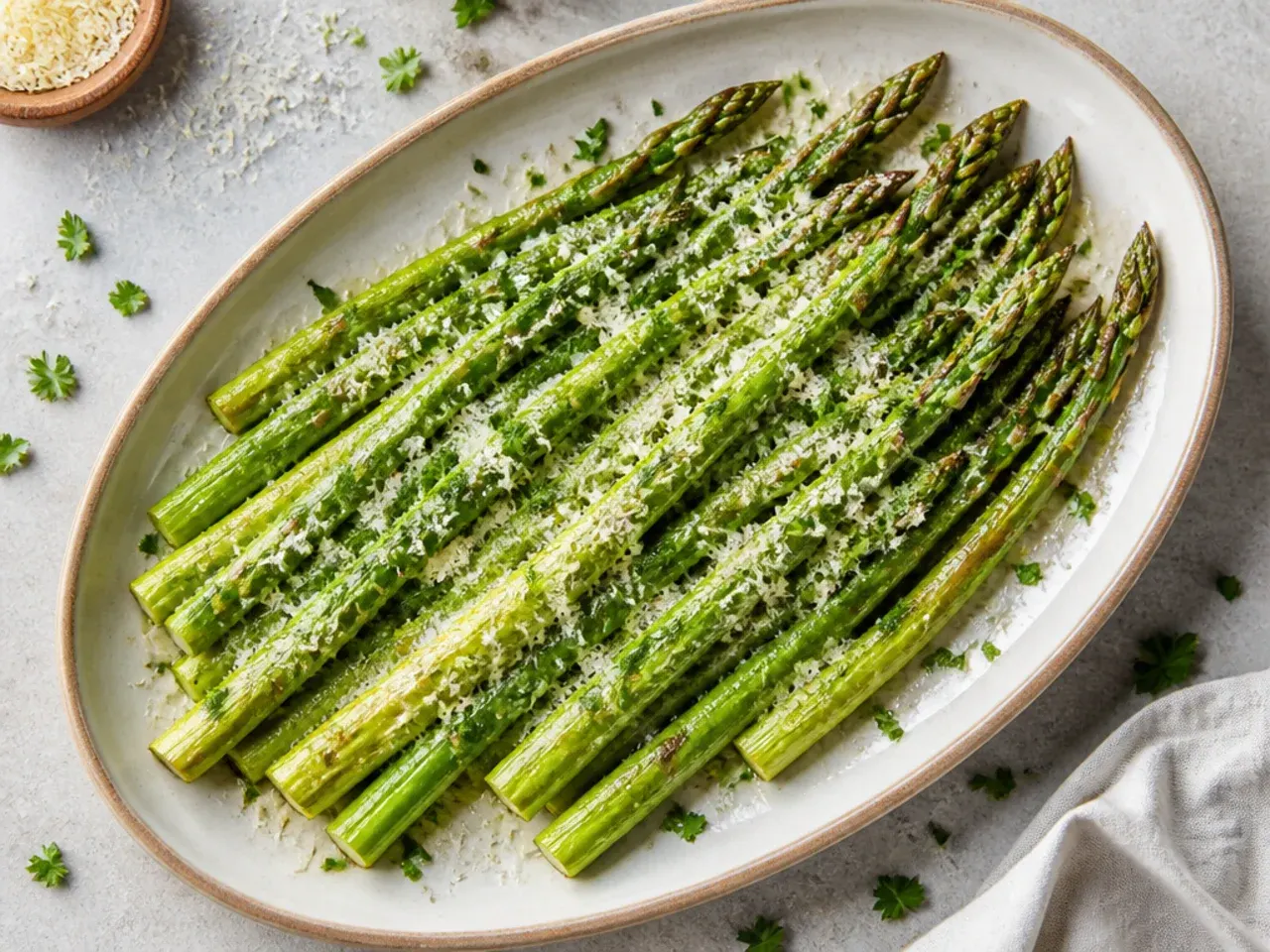 Roasted asparagus spears on parchment paper looking crisp and lightly charred