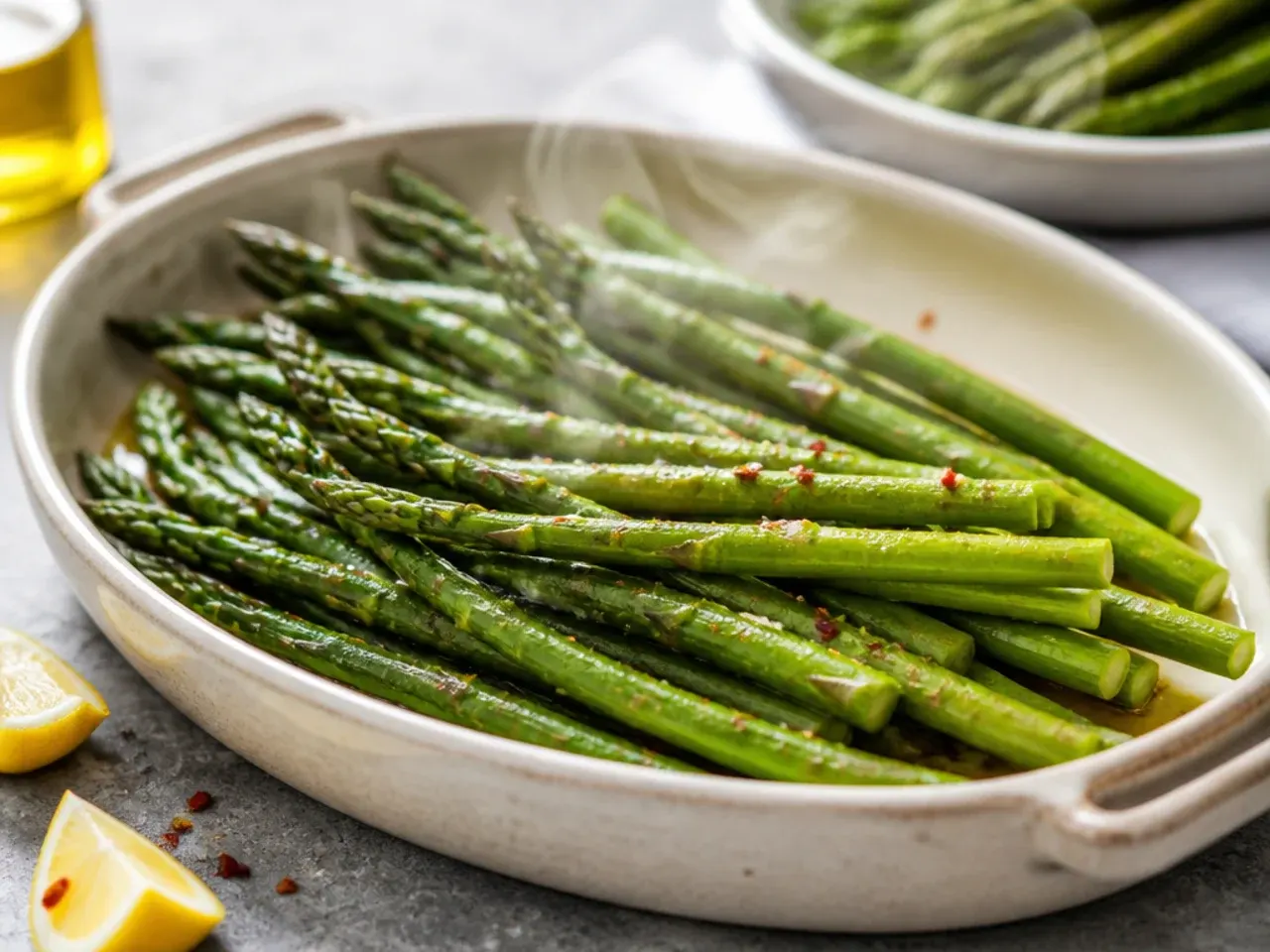Asparagus spears spaced apart in a single layer on a large baking sheet