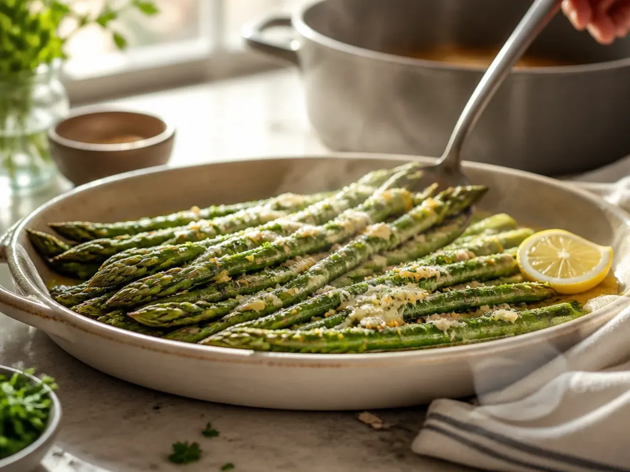 Empty baking sheet heating inside an oven before asparagus is added