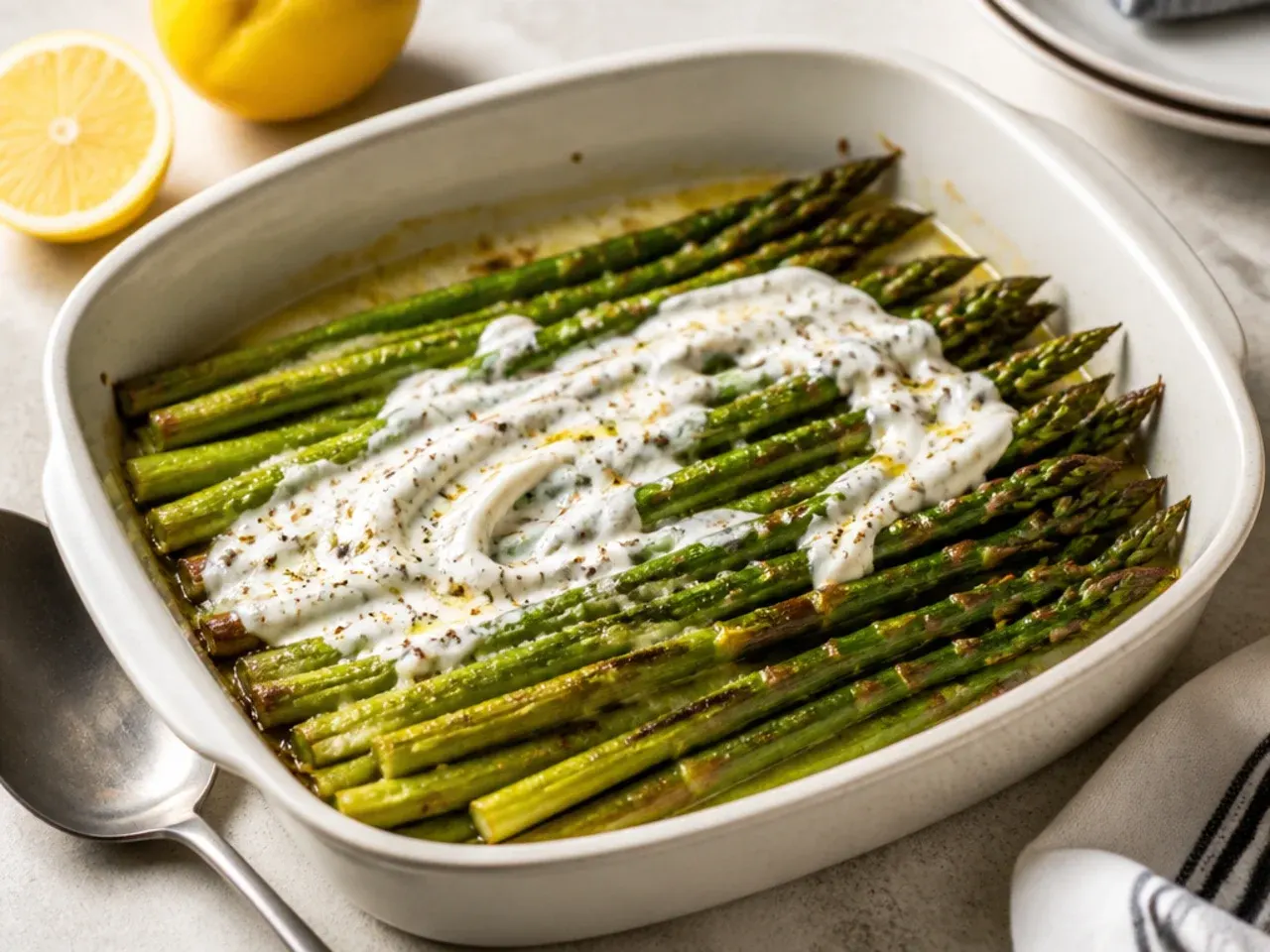 Fresh lemon being squeezed over baked asparagus spears