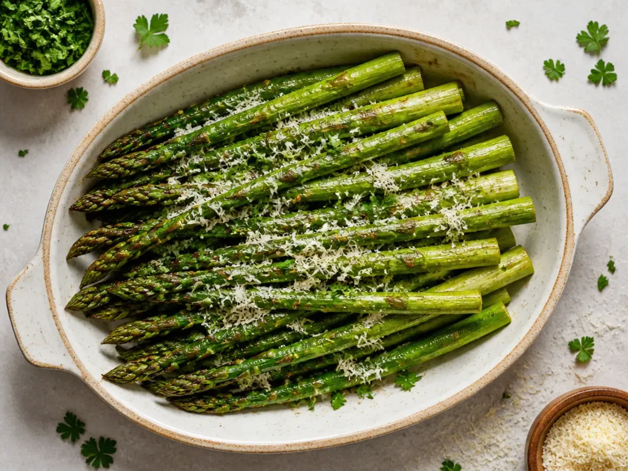 Asparagus spears being tossed with olive oil, salt and pepper in a bowl