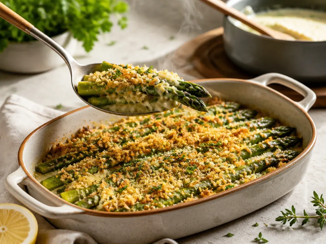 Golden panko breadcrumb topping on baked asparagus, close up