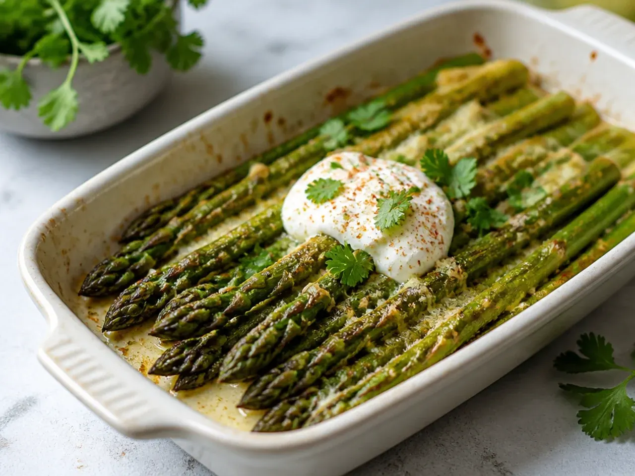 Knife tip testing a baked asparagus spear for doneness