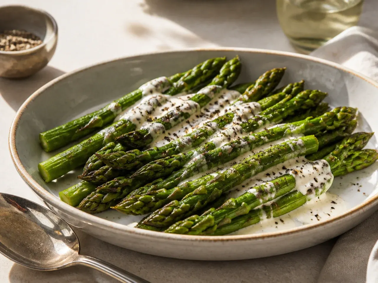 Olive oil being measured into a small bowl before tossing with asparagus
