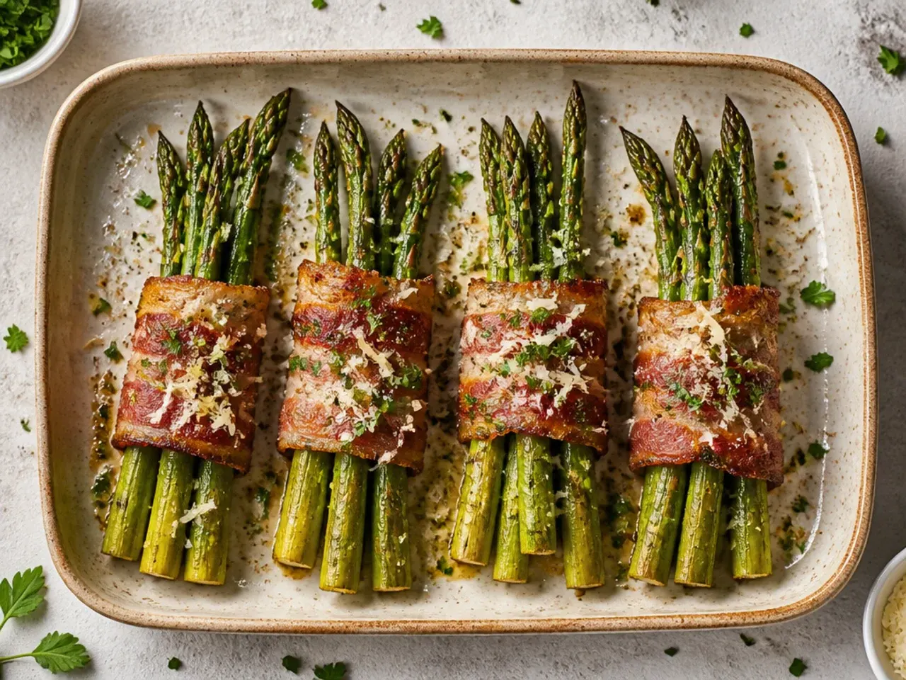 Bacon-wrapped asparagus bundles arranged on a baking tray
