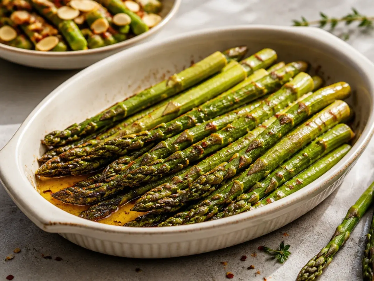 Baked asparagus served immediately, uncovered, on a white plate