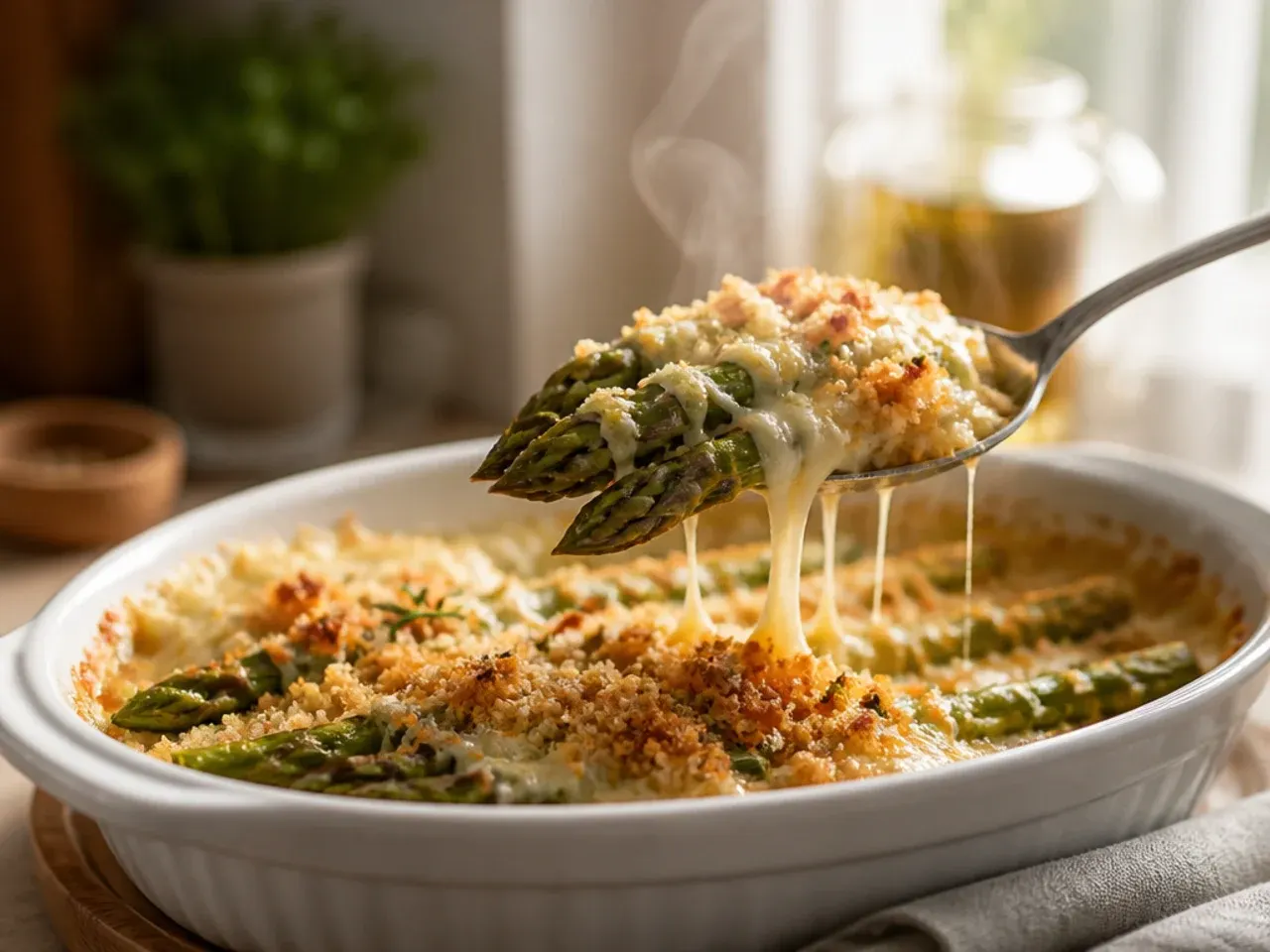Finished platter of golden baked parmesan asparagus ready to serve