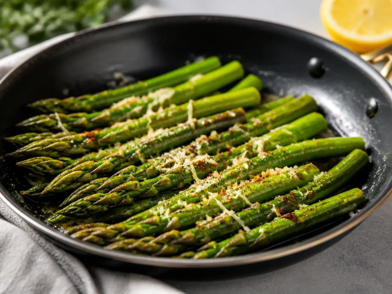 Overhead shot of trimmed raw asparagus spears next to a hot skillet with olive oil and garlic
