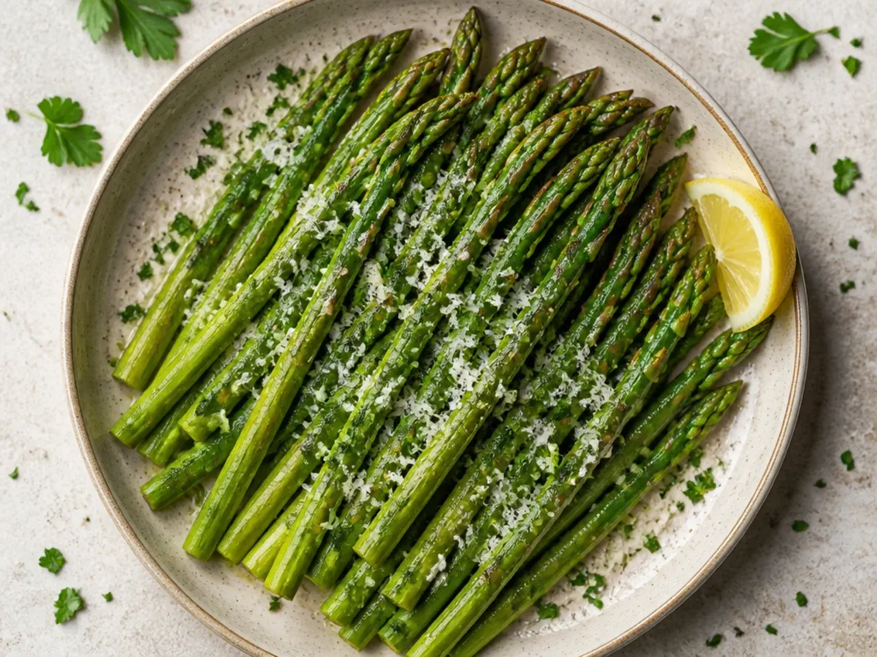 Asparagus spears browning in butter and garlic in a stainless steel skillet