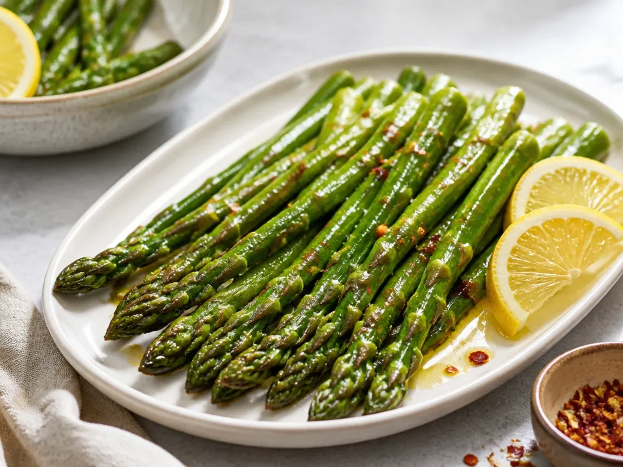 Close-up of lemon-zested asparagus spears in a skillet with a halved lemon beside it