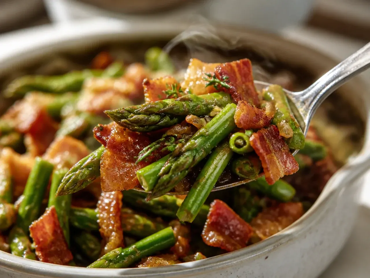 Skillet asparagus scattered with crispy bacon pieces and cracked black pepper