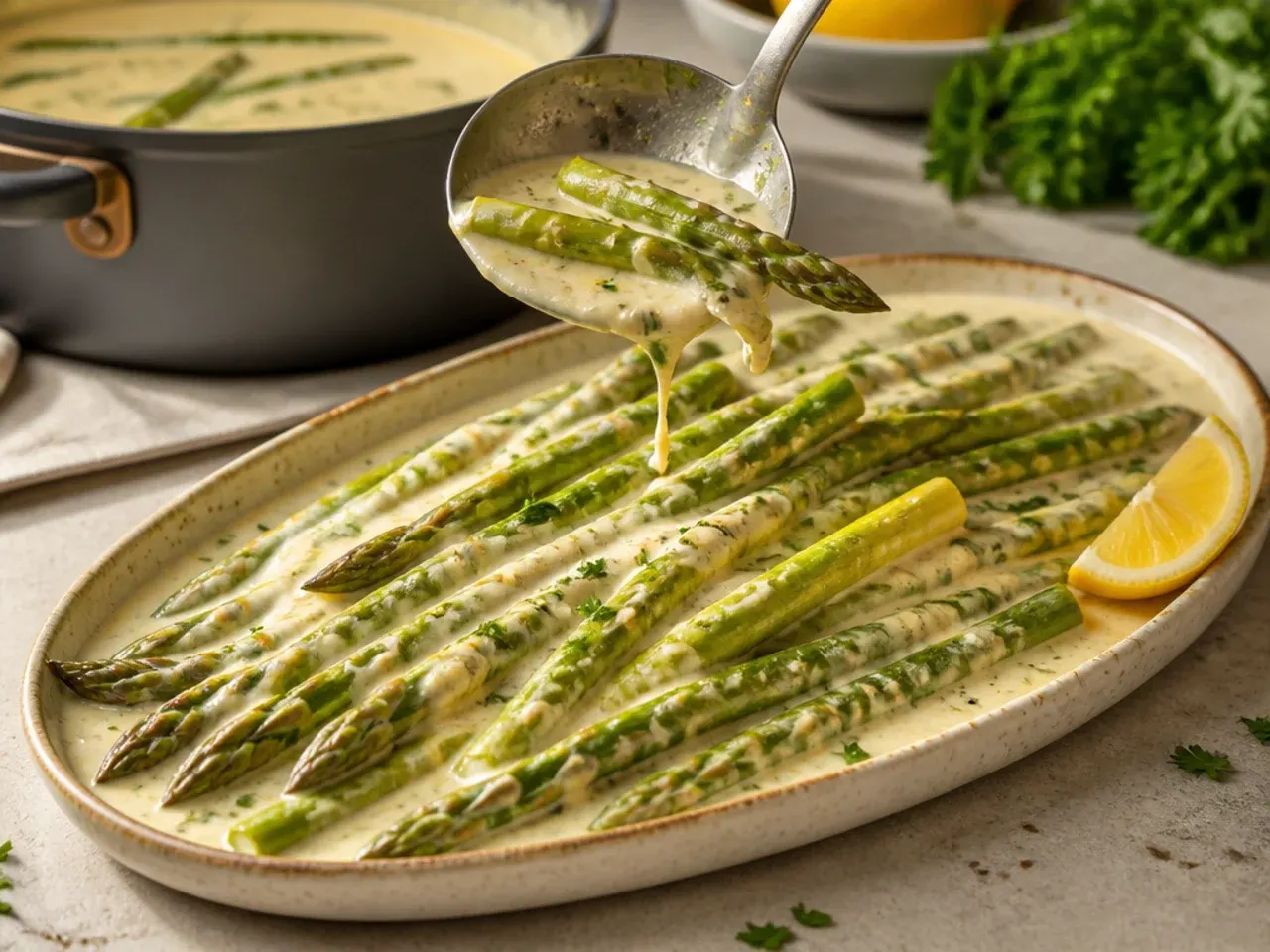 Asparagus spears coated in a light cream sauce in a skillet