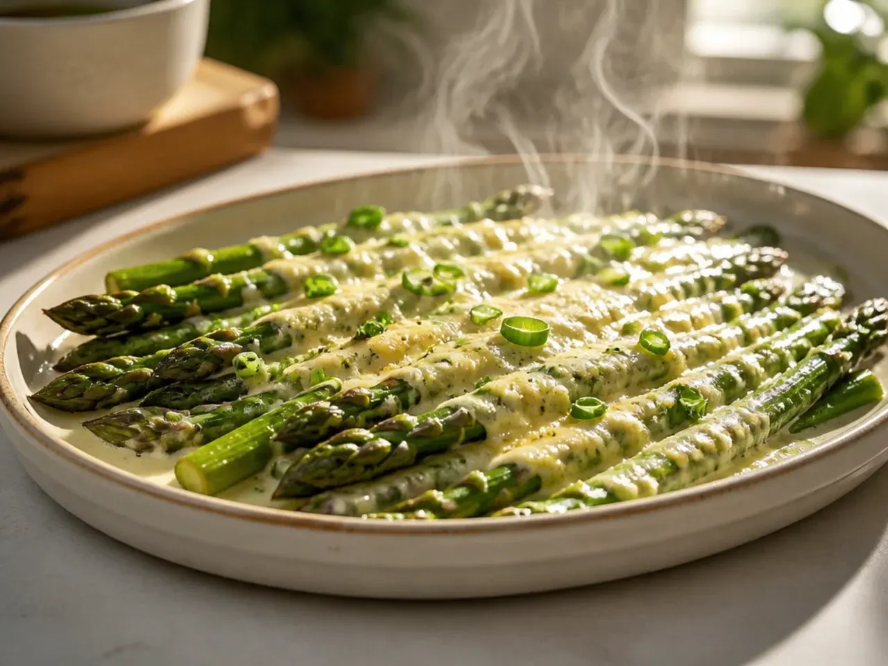 Creamy Parmesan asparagus in a skillet with melted cheese strands