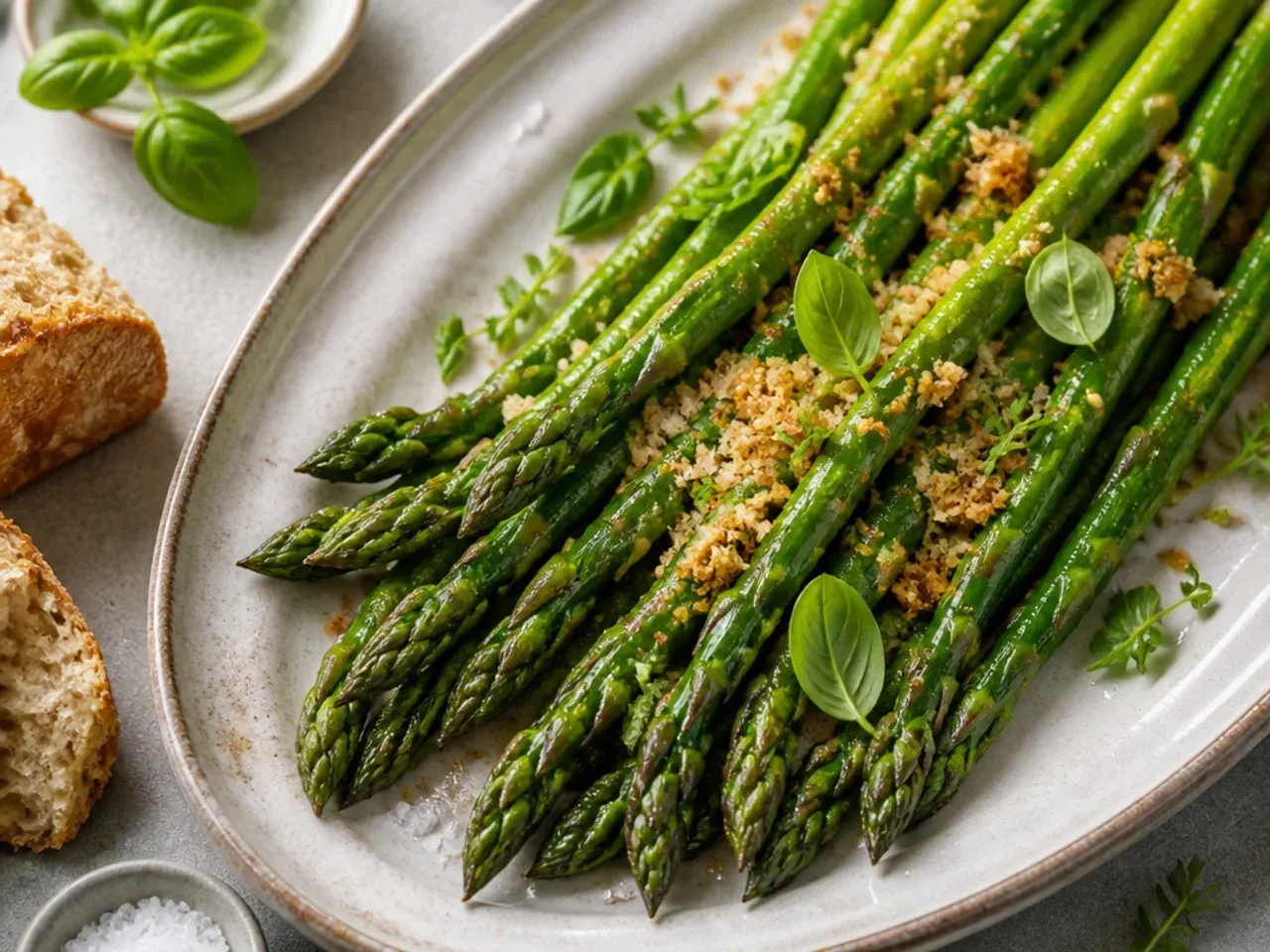 Bare seared asparagus spears with visible blistering and flaky sea salt