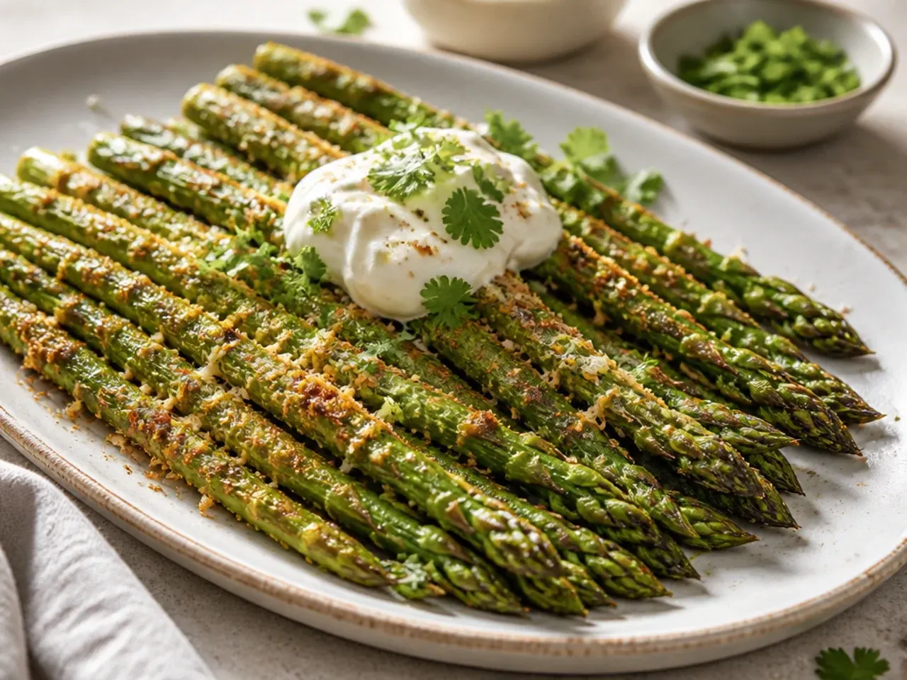 Asparagus spears with a crisp golden Parmesan crust in a skillet