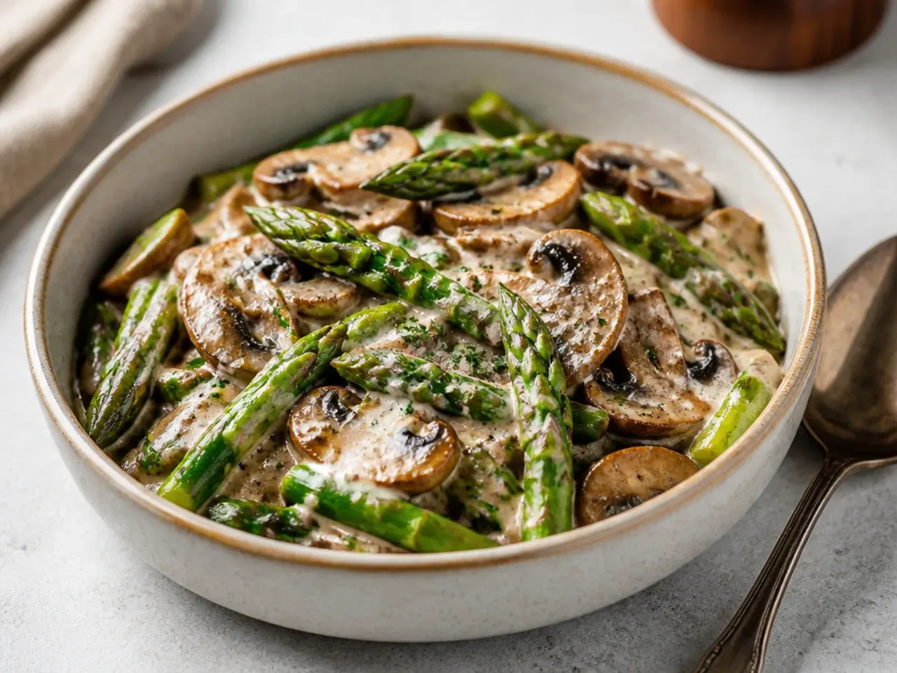 Sautéed asparagus and mushrooms together in a cast iron skillet