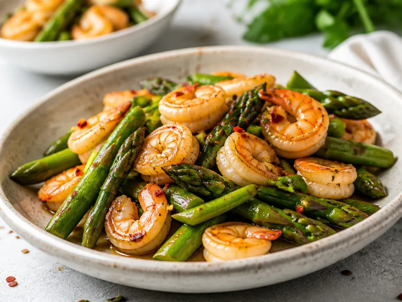 Asparagus and pink cooked prawns tossed together in a skillet