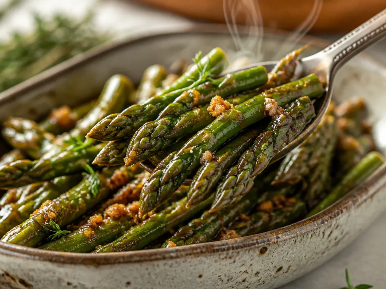 Asparagus spears glazed with dark balsamic reduction in a skillet