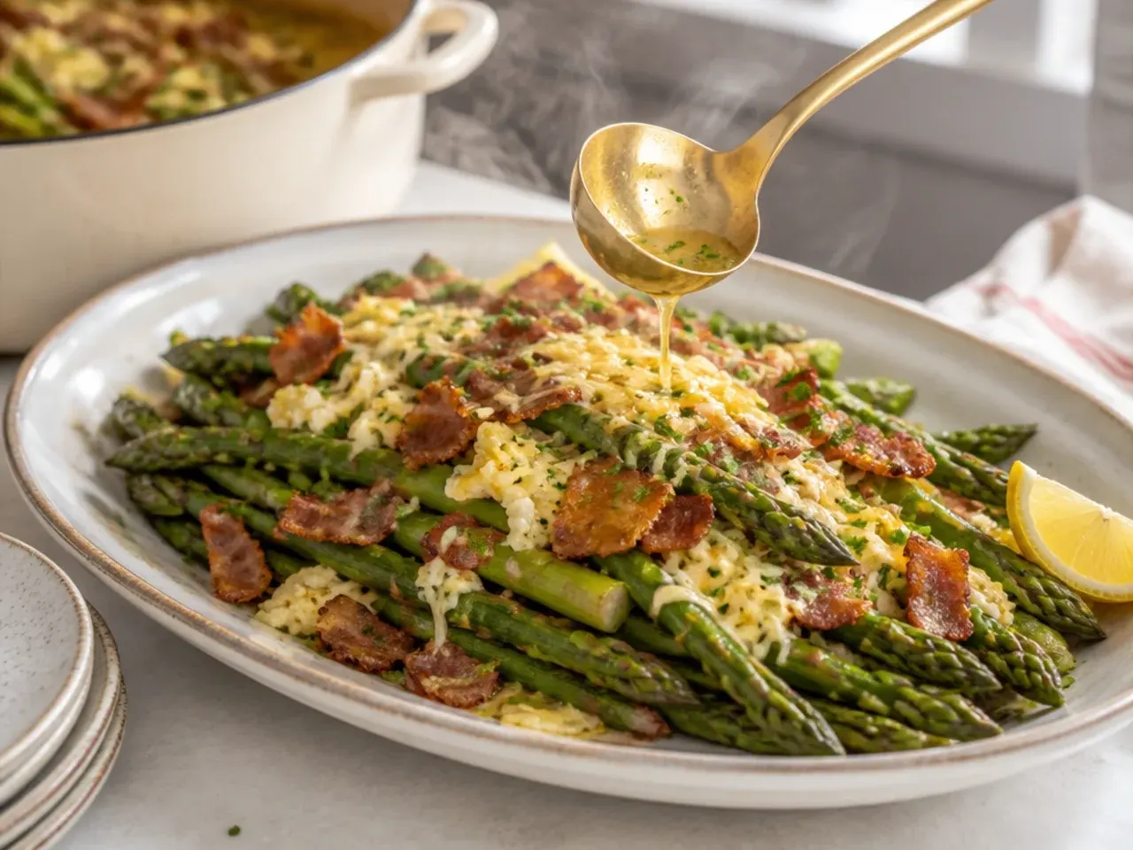 Asparagus topped with crispy bacon, crumbled feta and a fried egg with runny yolk
