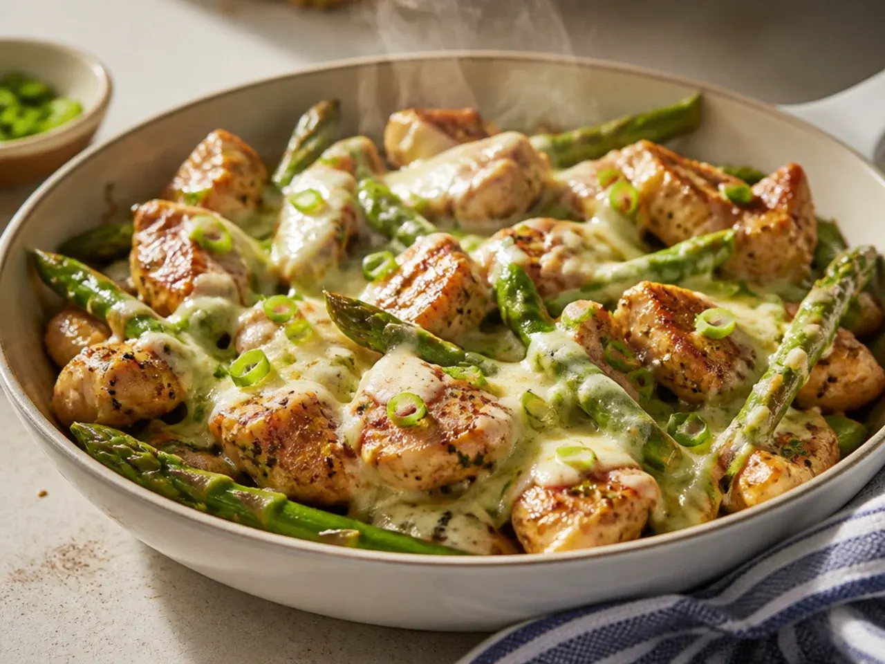 Sliced chicken and asparagus combined together in a large skillet