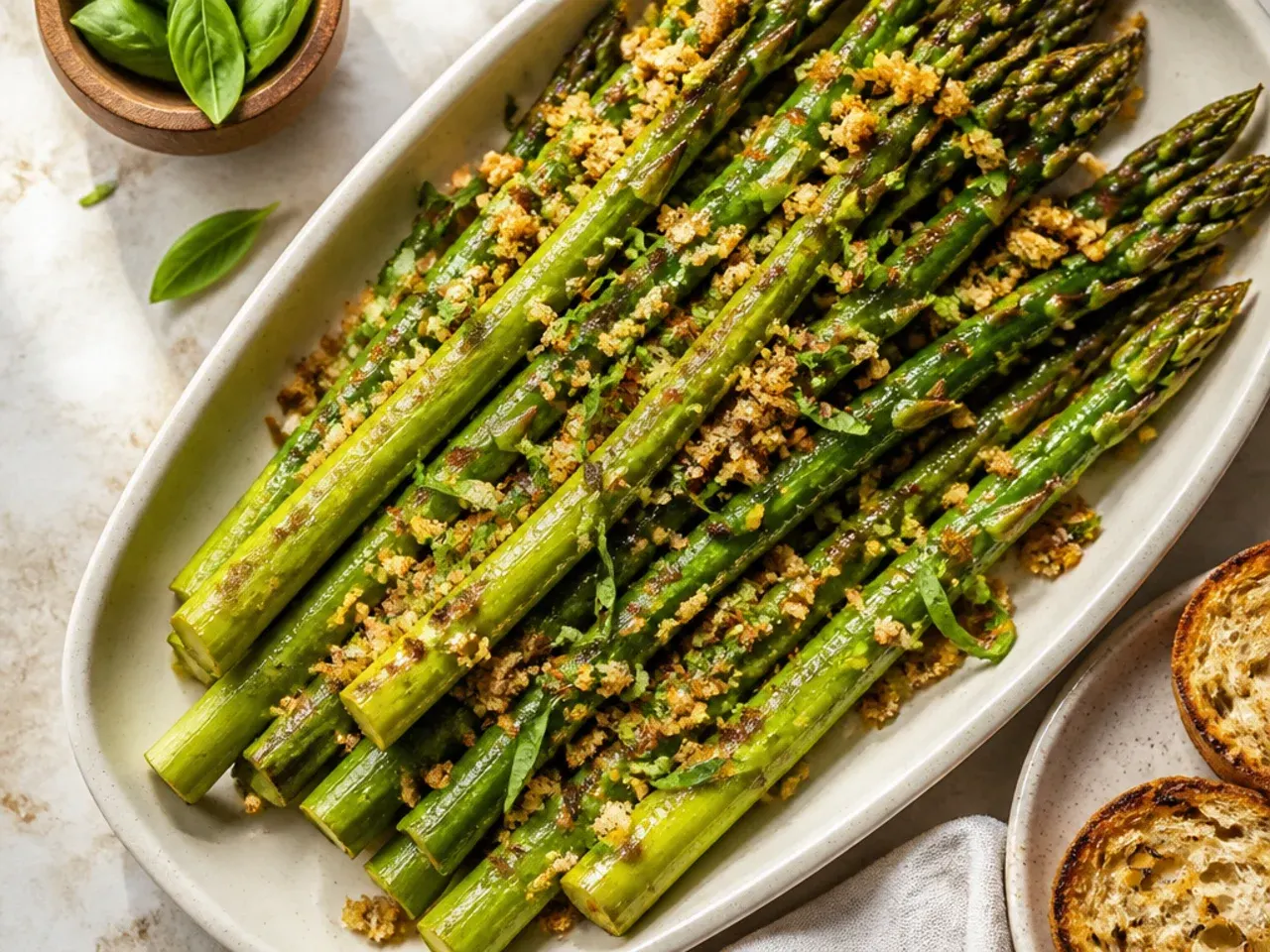 Asparagus spears glossy with golden brown butter and toasted almond flakes