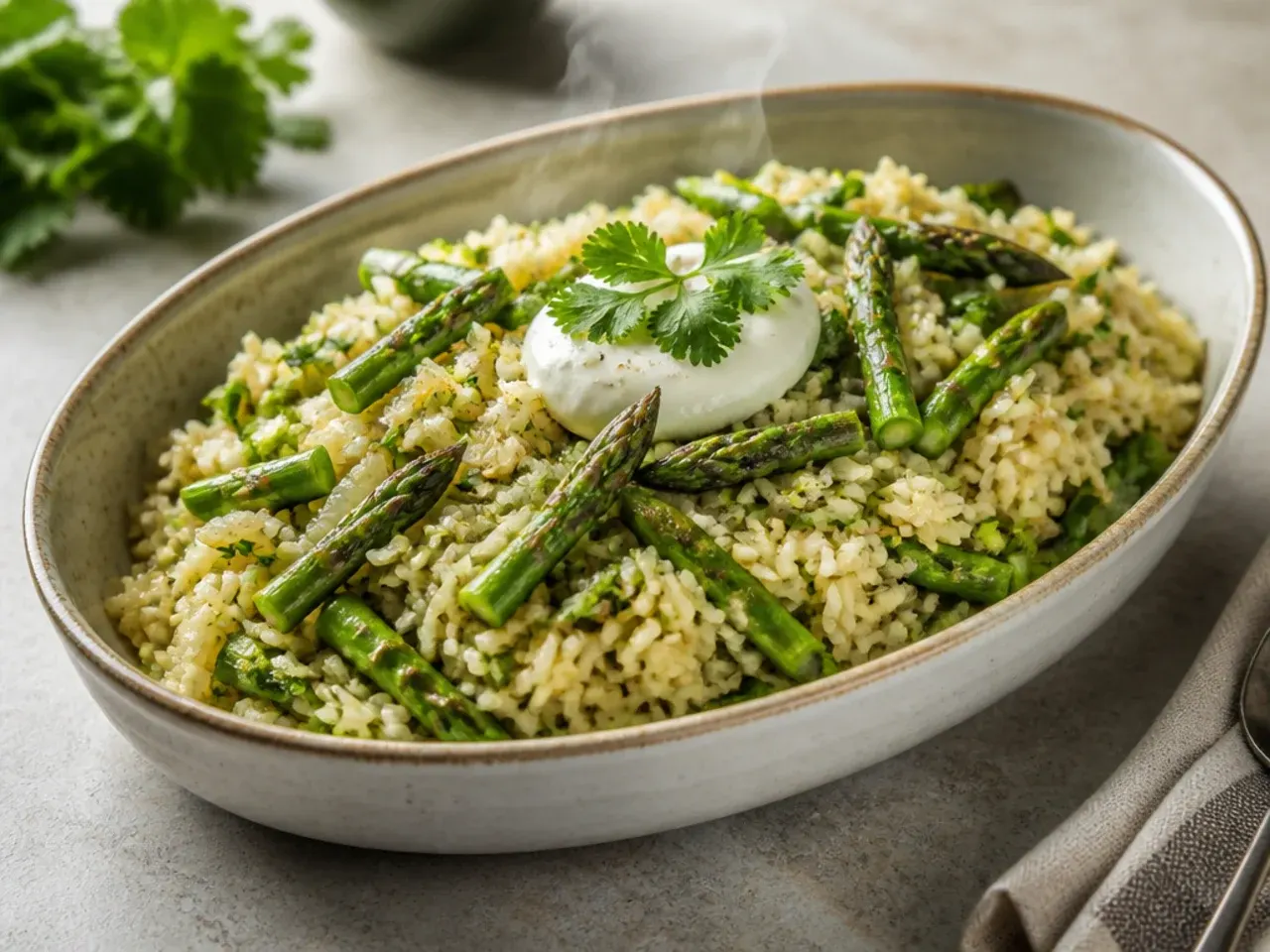 Asparagus stirred through cooked rice pilaf in a large skillet