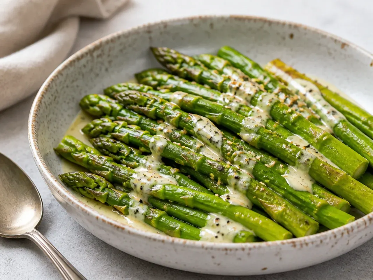 Asparagus glazed in soy and sesame oil, topped with sesame seeds