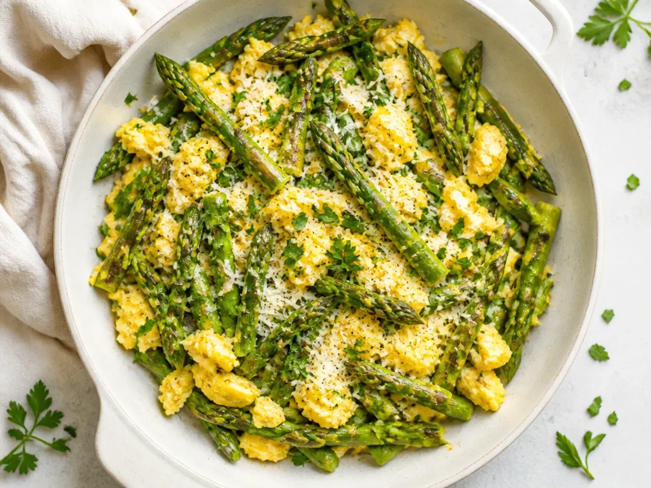 Fried eggs cooking alongside asparagus spears in the same skillet