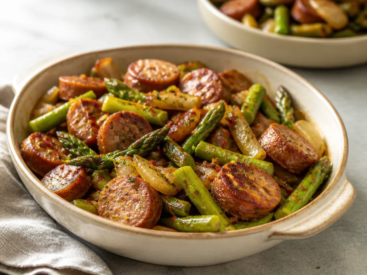 Sliced sausage rounds and asparagus browned together in a skillet