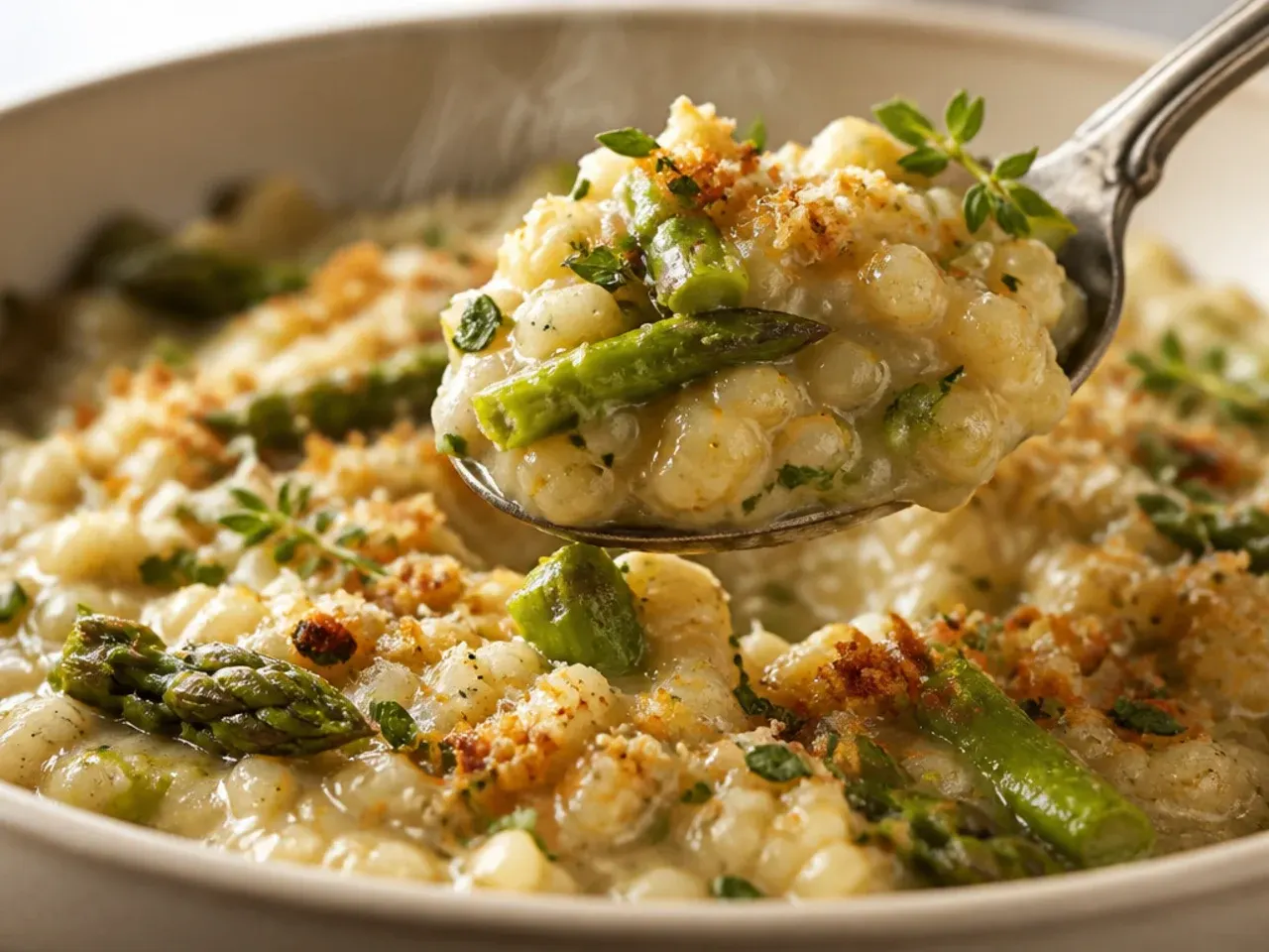 Chopped asparagus pieces stirred through creamy risotto in a skillet