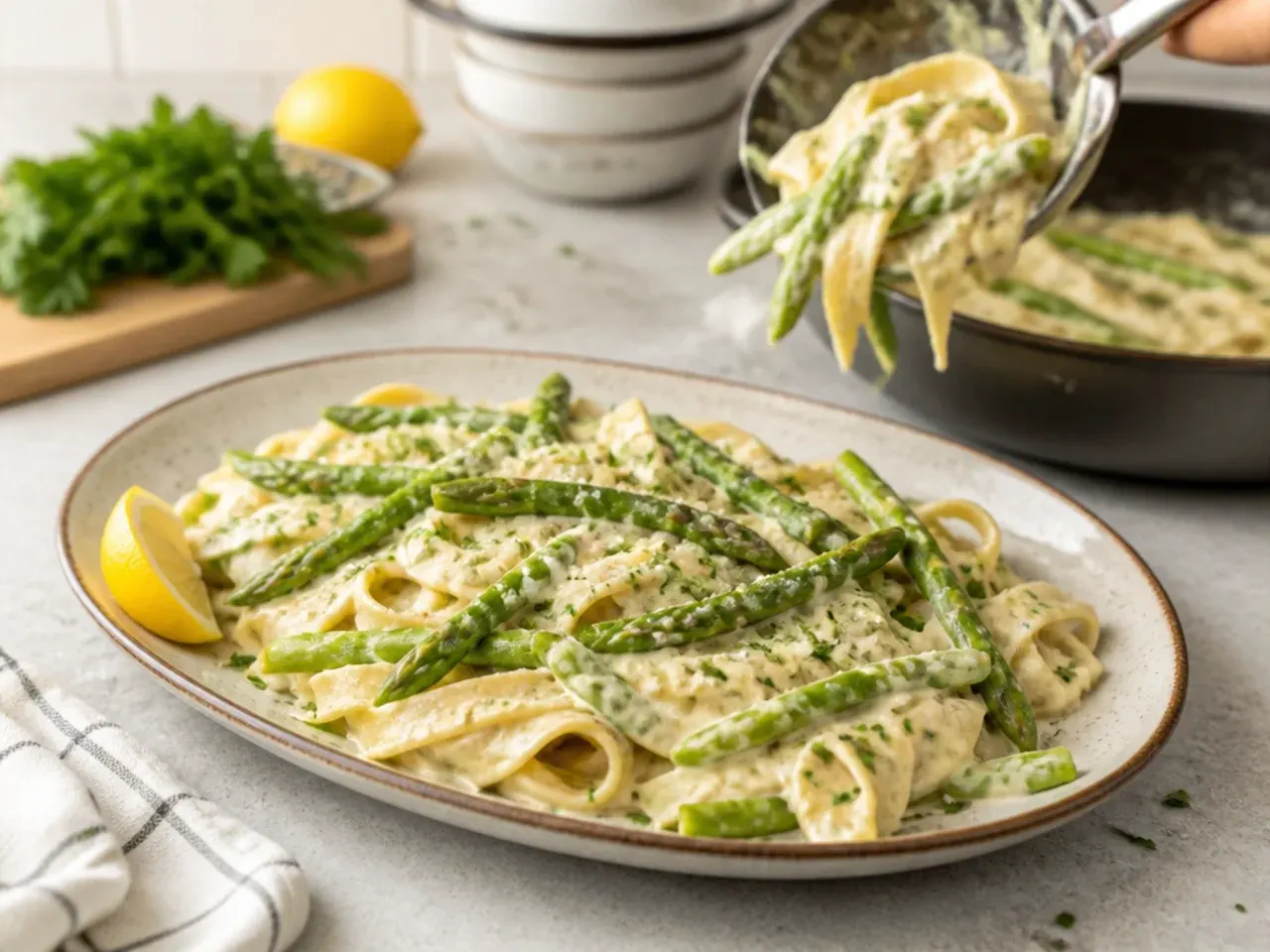 Asparagus coated in creamy Alfredo sauce in a skillet, ready to serve