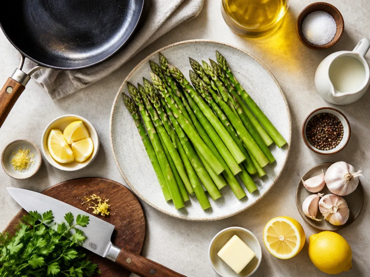 Hands trimming the woody ends off a bunch of raw asparagus spears
