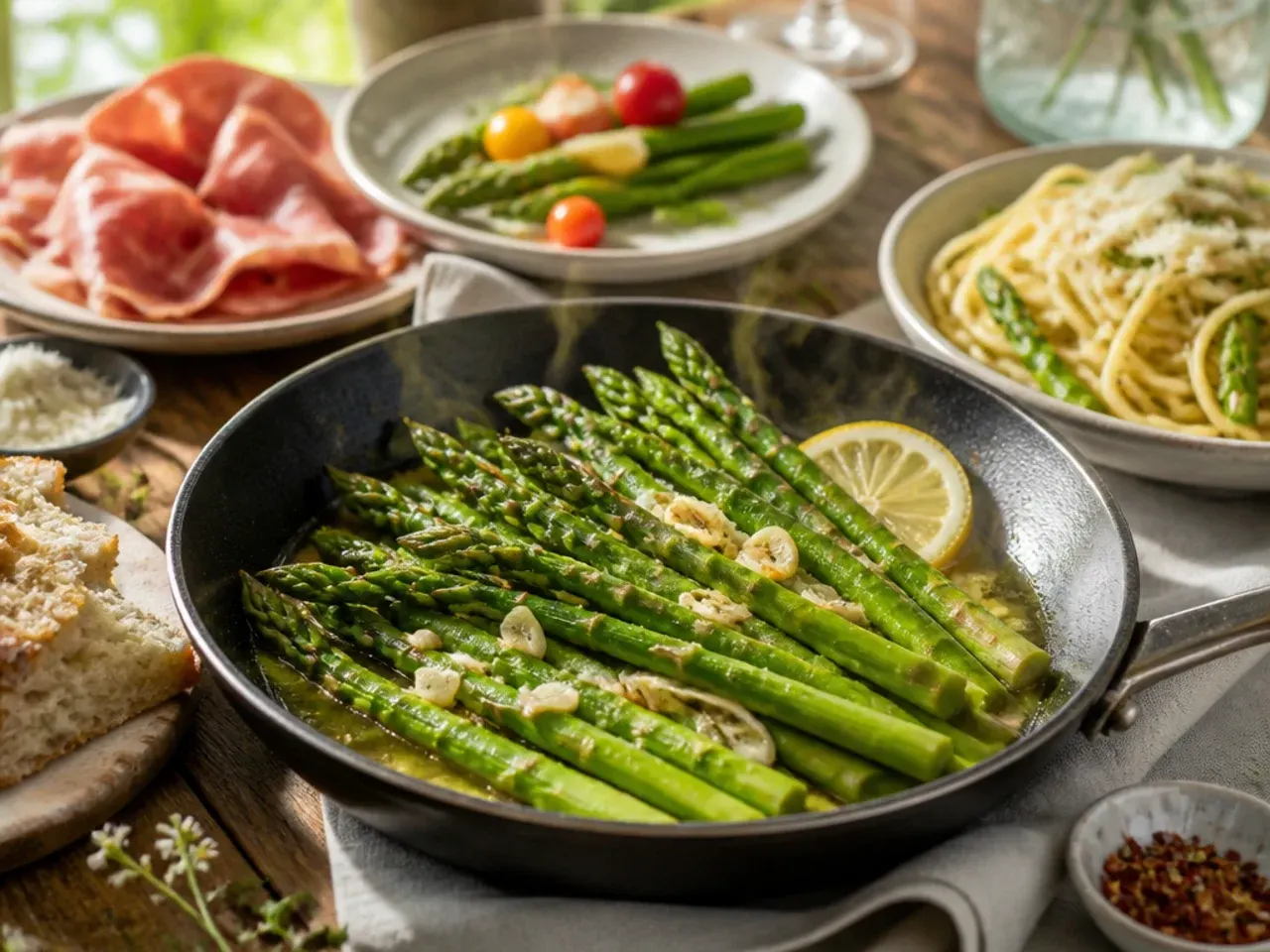 A plate of grilled chicken and roasted potatoes served alongside sautéed asparagus