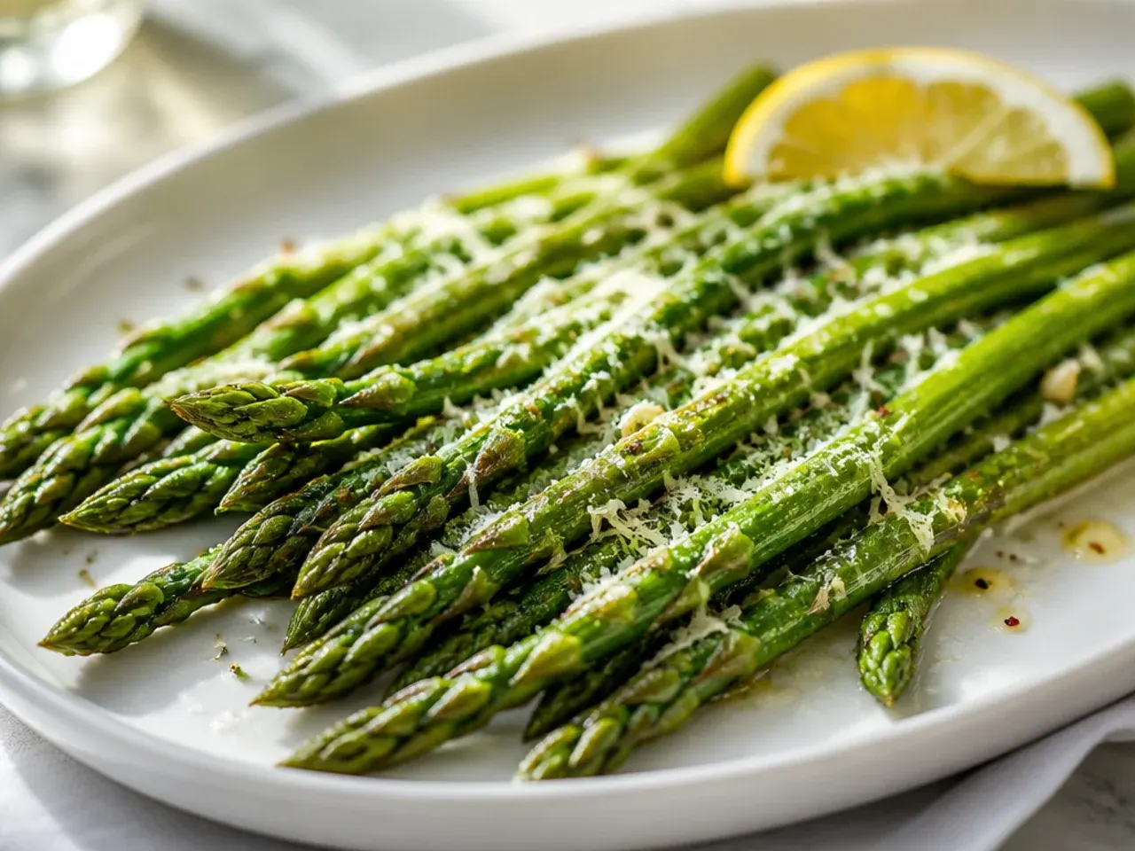 Fresh bunch of raw asparagus spears on a wooden board with a chef's knife