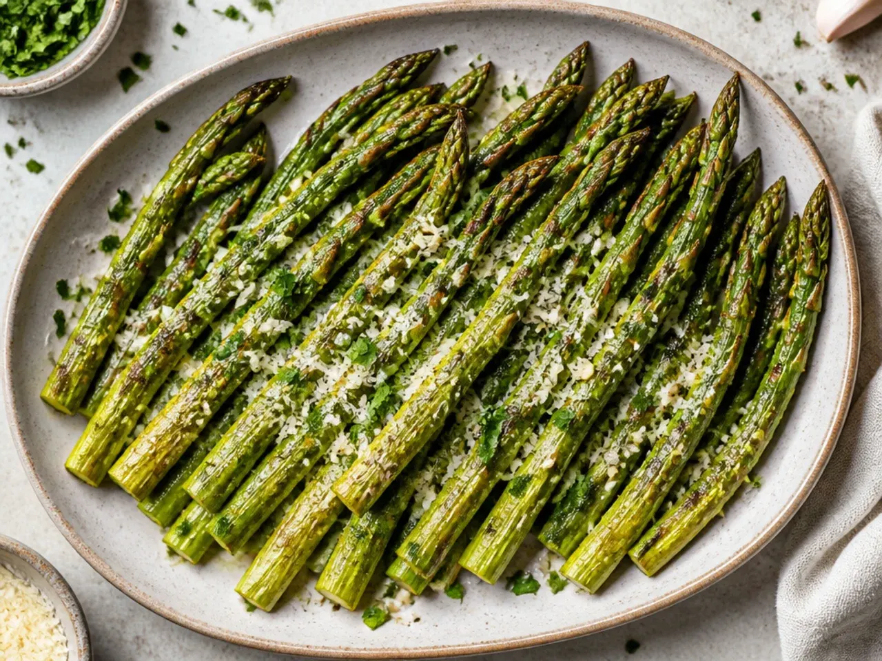 Golden roasted garlic parmesan asparagus spears on a baking tray