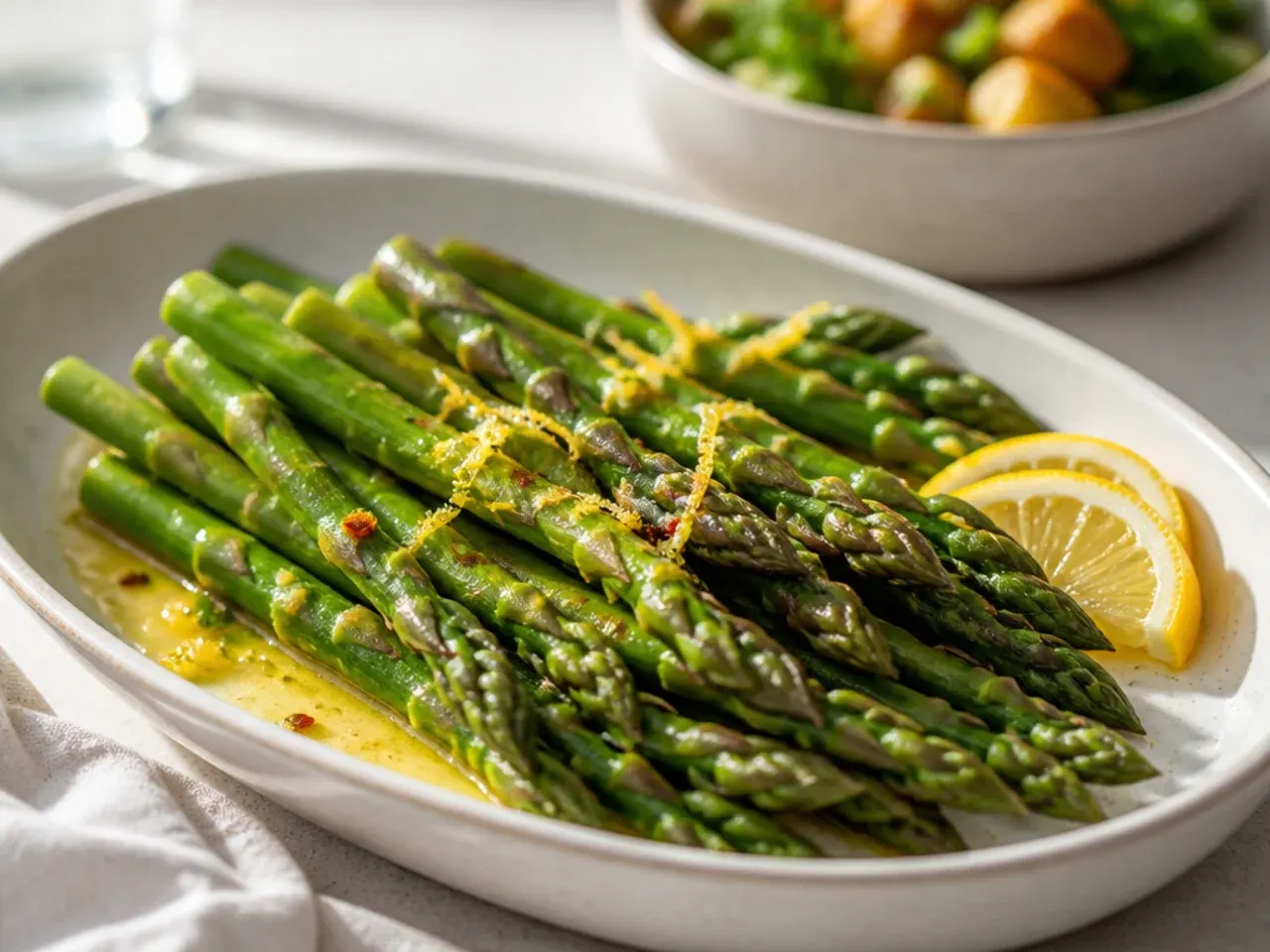 Sautéed lemon butter asparagus spears in a skillet with lemon wedges
