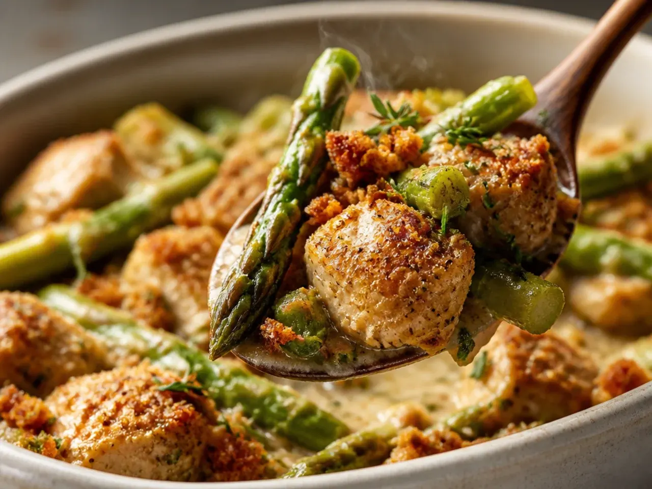 Chicken and asparagus skillet with red pepper served over rice