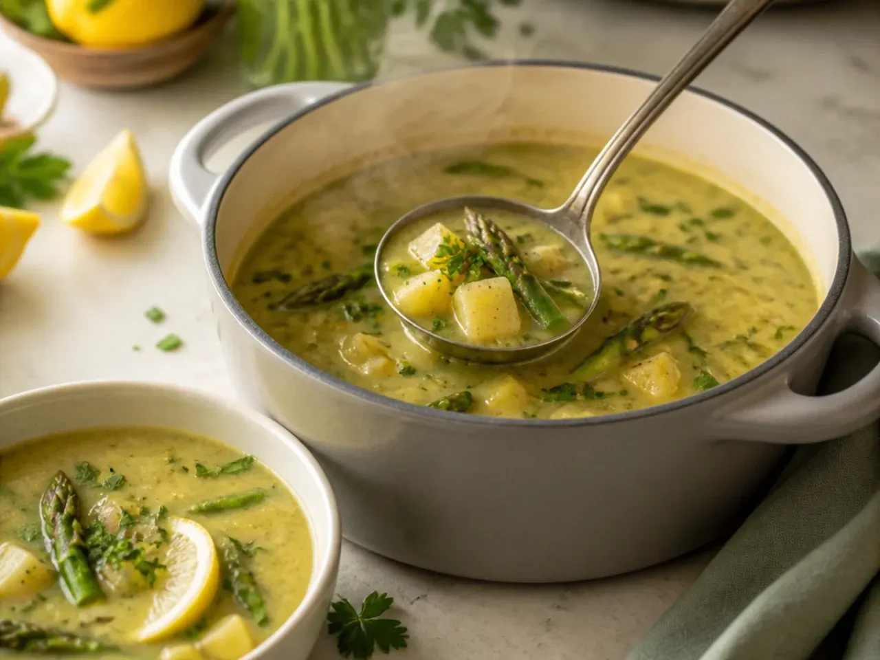 Bowl of creamy asparagus and potato soup topped with blanched asparagus tips