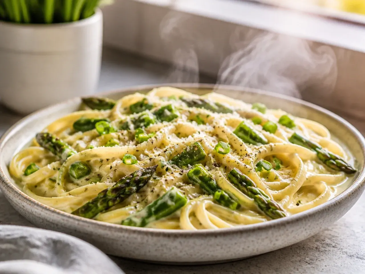 Close-up of creamy asparagus pasta twirled on a fork with parmesan shavings