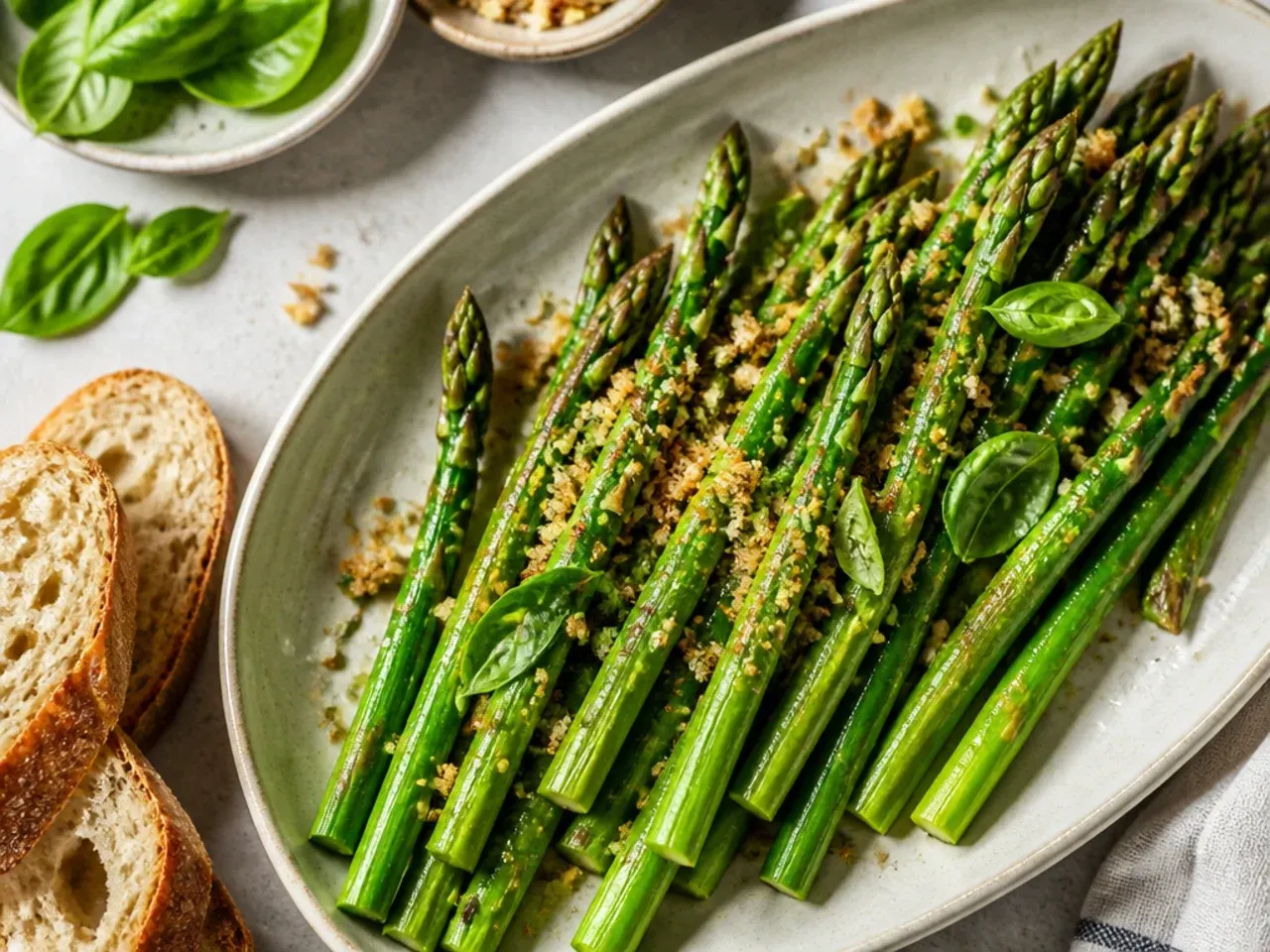 Bright green steamed asparagus spears on a white plate with flaky sea salt